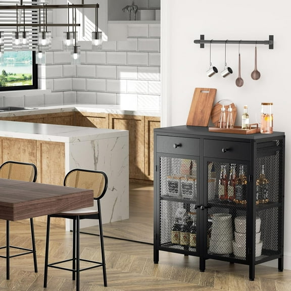 32 Inch Coffee Bar Cabinet with Drawers, Small Liquor & Wine Cabinet for Home, Industrial Farmhouse Buffet Sideboard with Storage, Black Metal Bar Station for Living Room