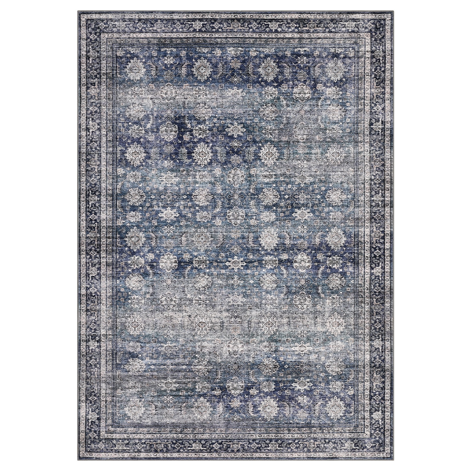 Garvee 5'x7' Area Rugs for Living Room Vintage Floral Print Rug Non-Slip Low Pile Rug for Dining Room Home Office, Blue