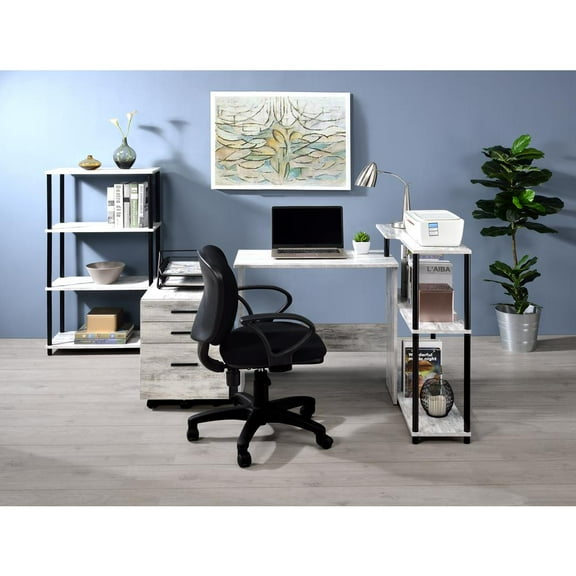 ACME Ievi Wooden Top Writing Desk with Bookcase in Antique White and Black