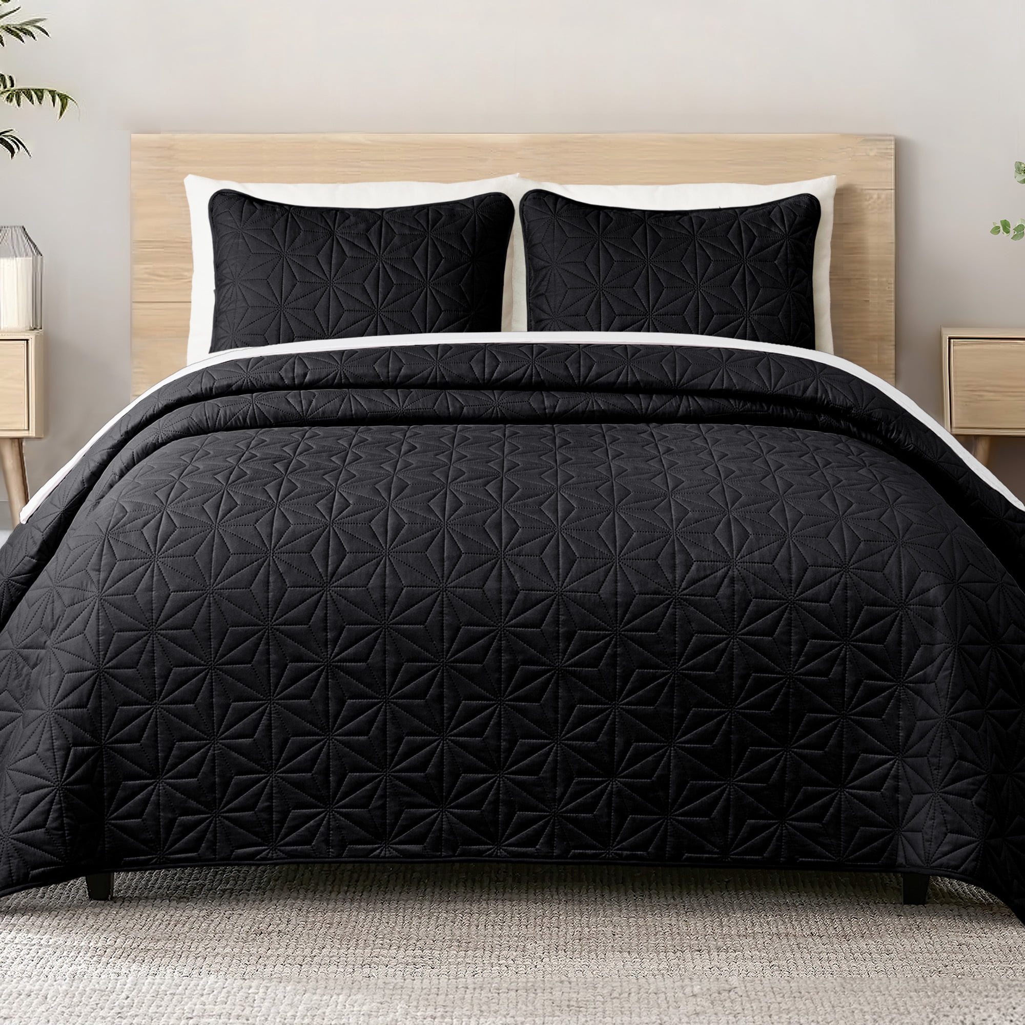 Whale Flotilla Microfiber California King 104"x 112" Quilt Set Lightweight Quilted Bedspreads Coverlets Set with Stars Pattern, Black