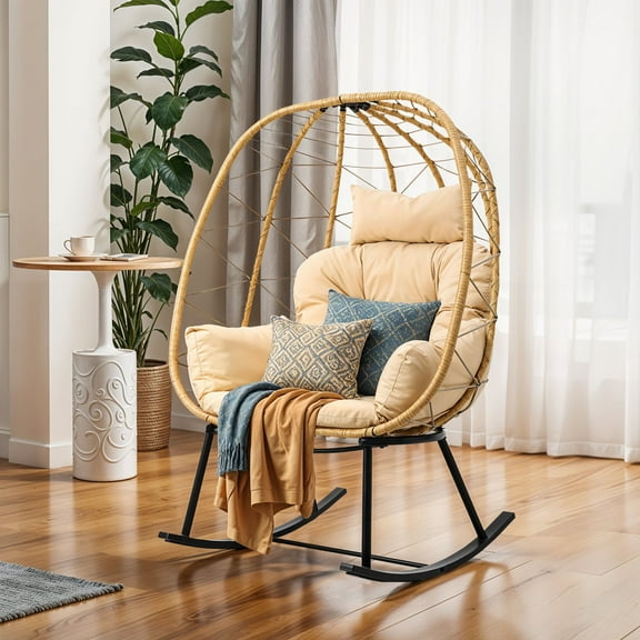 Uforic Extra-large Papasan Rocking Chair, Cushioned Outdoor and Indoor Seating, Cozy Lounge Chair with Plush Padding for Master Bedroom, Family Room, Backyard Oasis,Terrace, Courtyard (Gray)