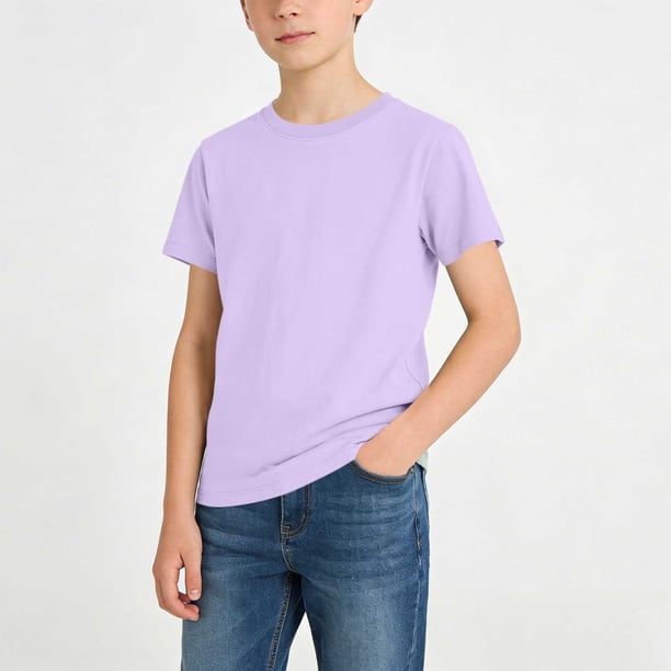Blusas y camisas de manga corta con cuello redondo, color liso, para niños, camisetas de manga corta con cuello redondo, tallas medianas y grandes, top informal y cómodo, top de poliéster para niña