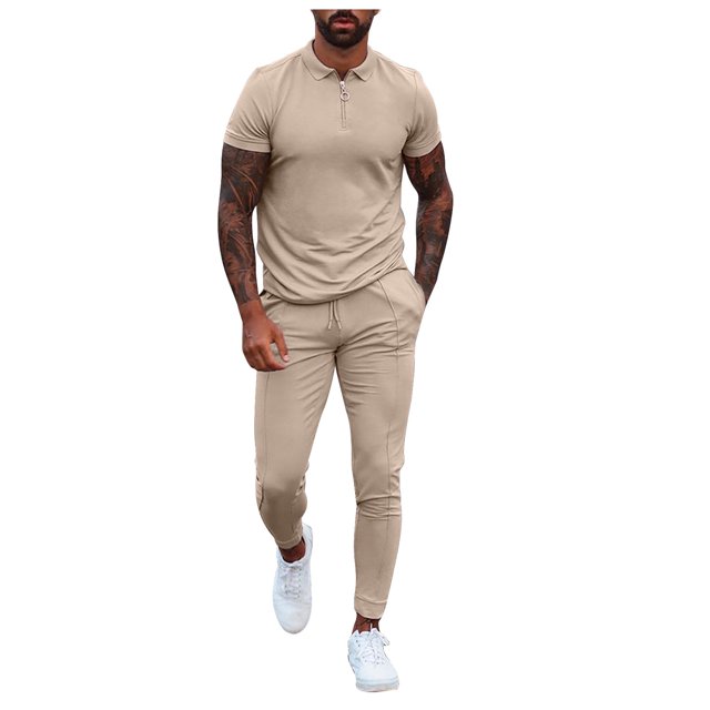 Birdeem Ensemble Décontracté pour Hommes Col Rabattu Fermeture Éclair Manches Courtes Pantalon Taille Élastique