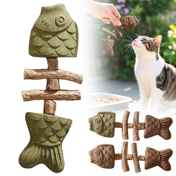 BESEW7 Natural Cat Chew Toy with Catnip, Fishbone Shape Wooden Teeth Cleaning Stick for Indoor Cats Interactive Play Dental Care