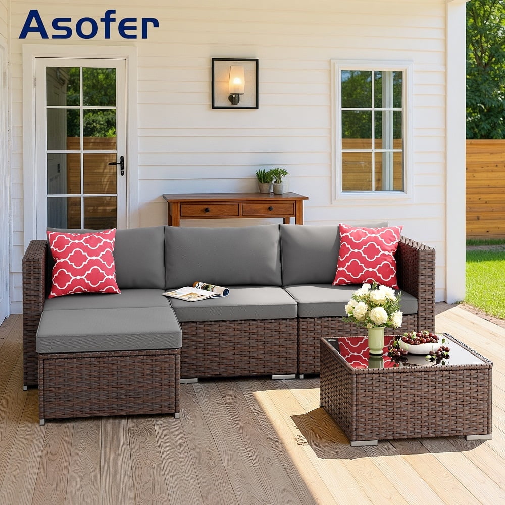 Asofer 5 PCS Outdoor Sectional Sofa Set PE Wicker Rattan Patio Furniture Set with a Glass Coffee Table for Backyard Porch Poolside Patio,Gray