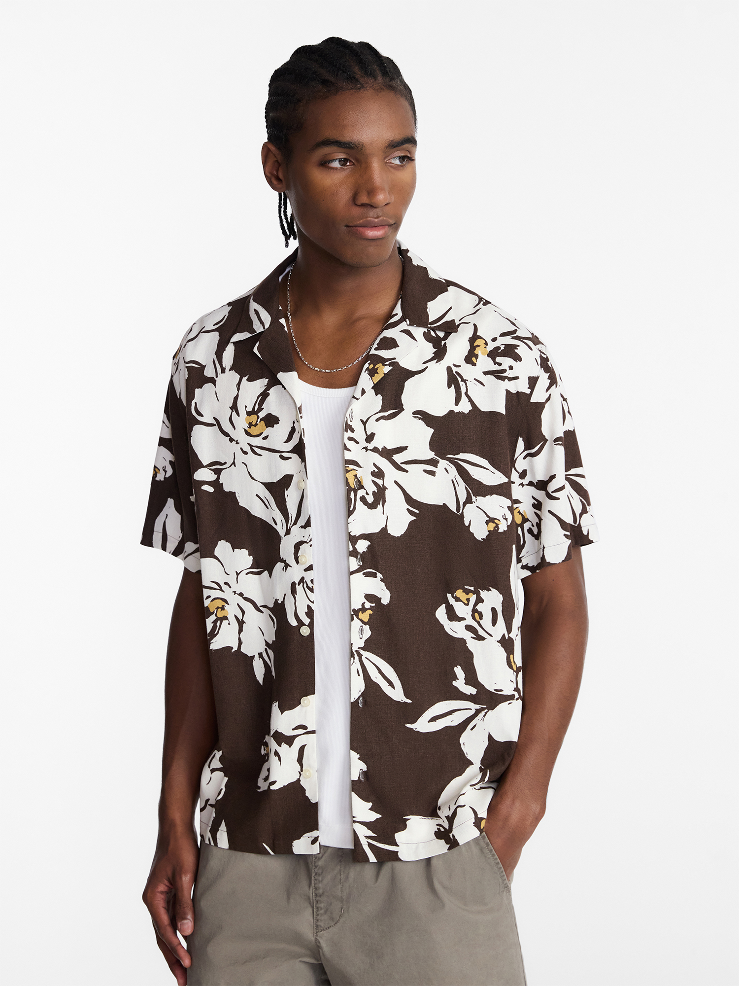 No Boundaries Boxy Fit Linen Blend Patterned Resort Shirt, Men's XS-4XLT
