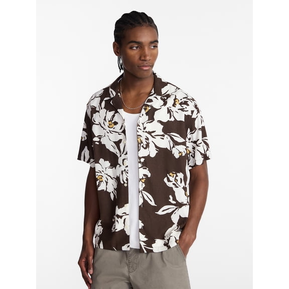 No Boundaries Boxy Fit Linen Blend Patterned Resort Shirt, Men's XS-4XLT