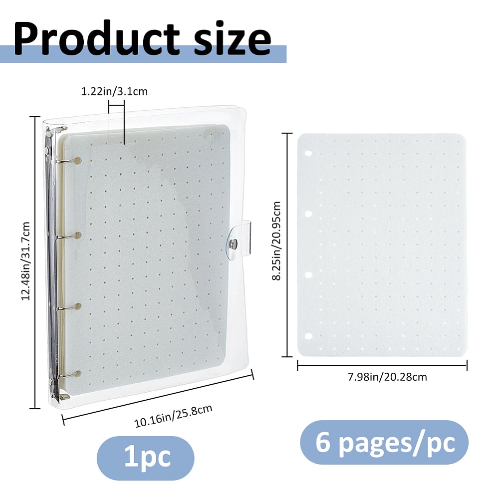 6 Pages Felt Brooches Collection Binder Book with Rectangle PVC Binder Cover and Iron Binder Rings White 31.7x25.8x3.1cm