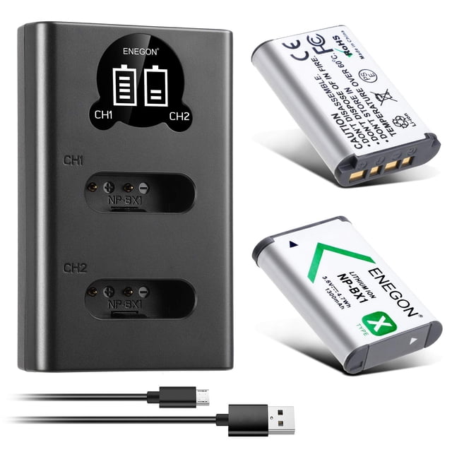 Batería ENEGON NP-BX1, paquete de 2 con cargador USB dual LCD para Sony