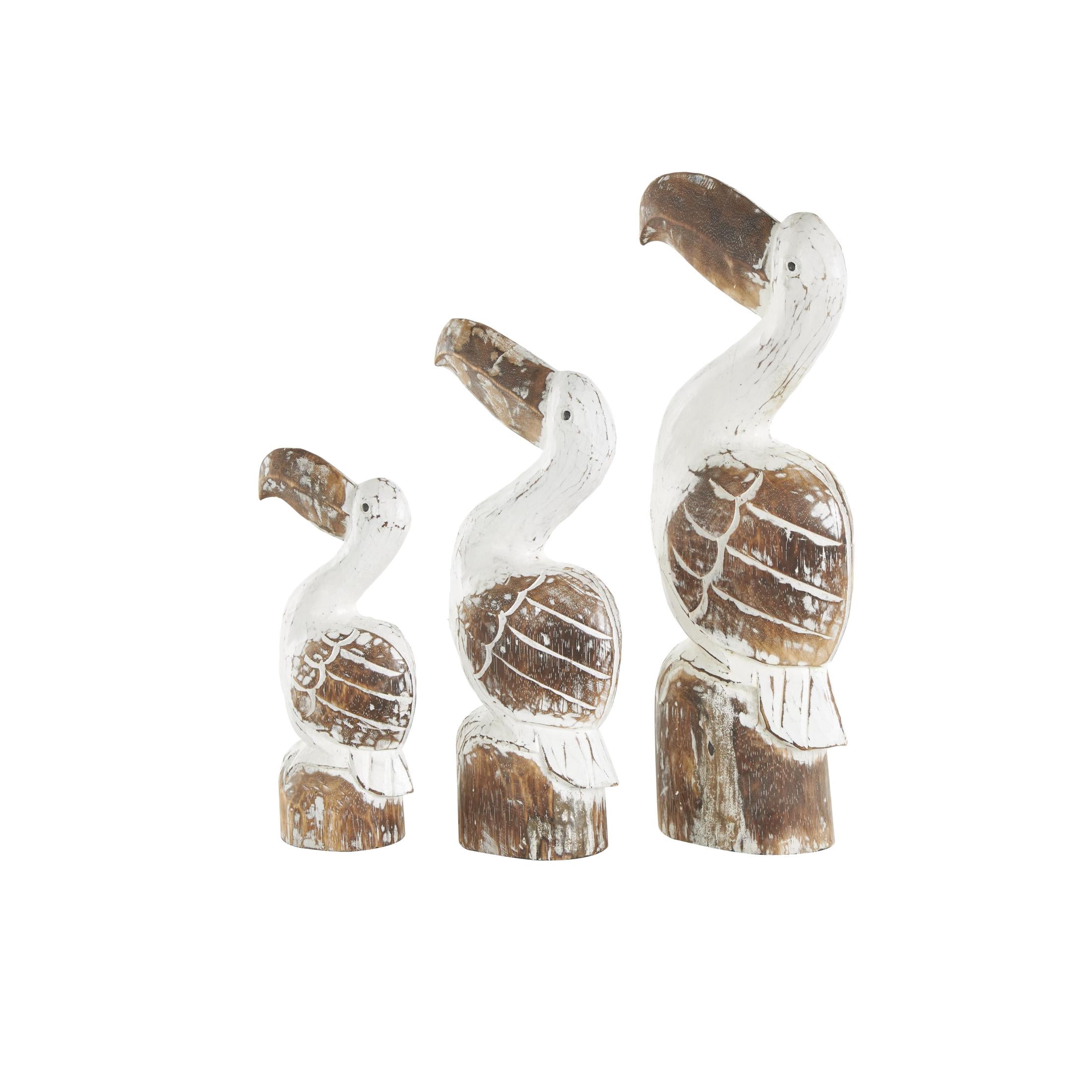 20", 16", 12"H White Wood Handmade Distressed Pelican Sculpture with Brown Accents, by DecMode (3 Count)