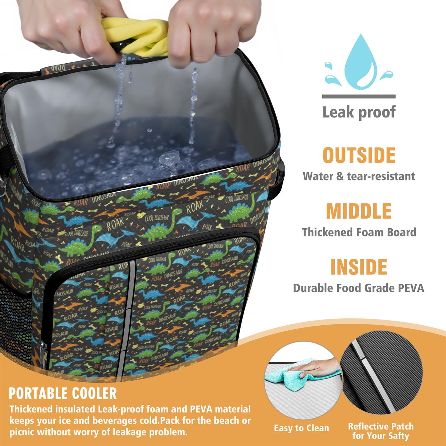 Travel Cooler Bag - Black Cartoon Dinosaurs Roar Pattern Camping Beer Cooler Backpack with Bottle Opener- Waterproof Insulated Picnic Backpacks - Cooler Bag for Beach