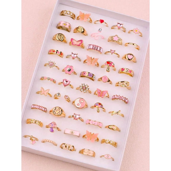 10 Pink Rhinestone Pinky Rings Set – Goldtone Adjustable Butterfly Heart Flower Stackable Fashion Jewelry