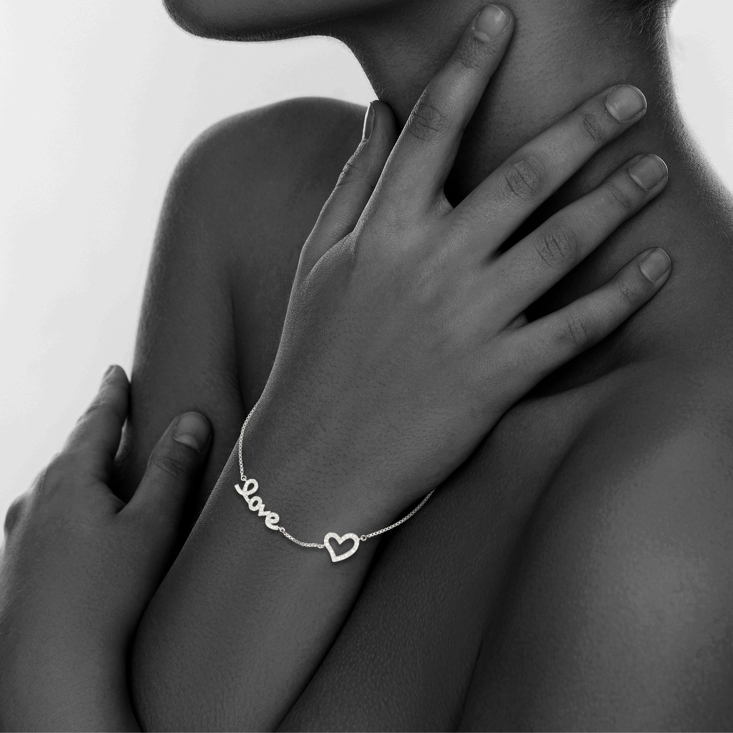 5th & Main Women's Sterling Silver Box Chain Drawstring Bracelet with Embellished Cursive Love and Open Heart