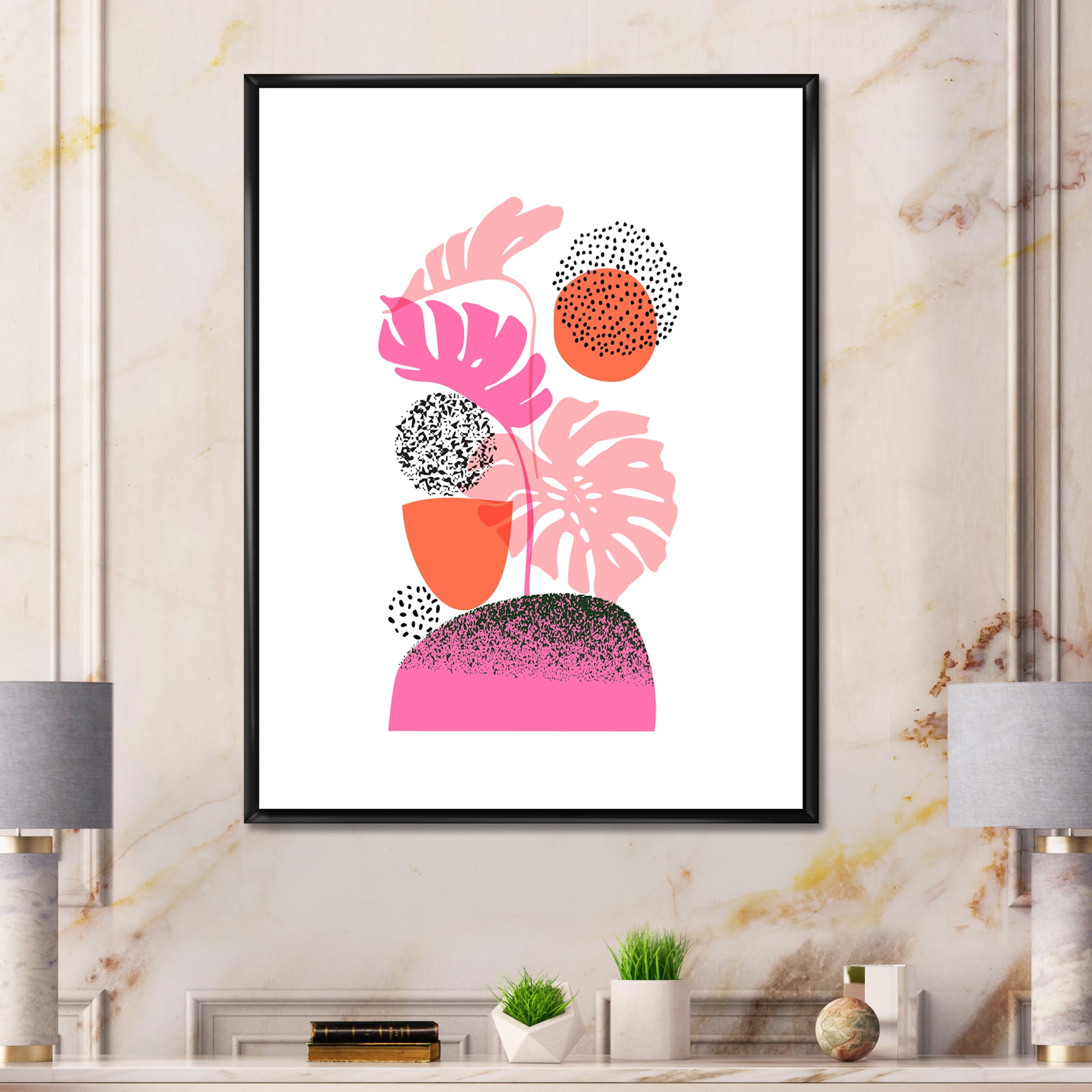 Designart 'Geometric Sun and Moon Shapes With Tropical Leaves' Modern Framed Canvas Wall Art Print
