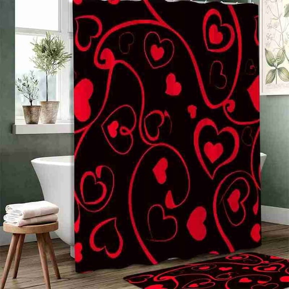70x70 inch Black and Red Abstract Swirling Heart Shower Curtain, Waterproof Polyester Fabric with Hooks for Bathroom Decor