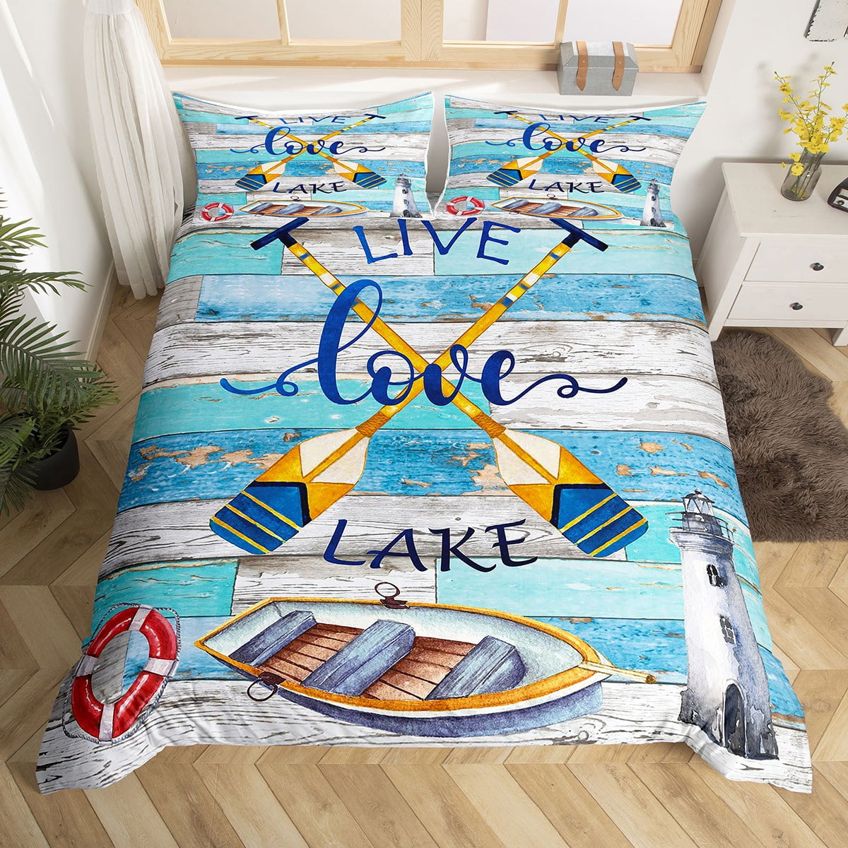 Coastal Nautical Bedding Set For Boys Kids Lighthouse Boating Fishing