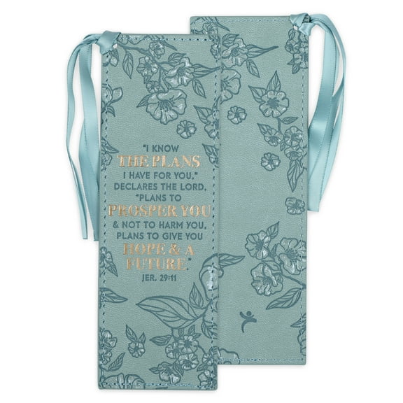 Christian Art Gifts Faux Leather Bookmark: I Know the Plans I Have for You - Jeremiah 29:11 Inspirational Bible Verse, Teal with Satin Ribbon