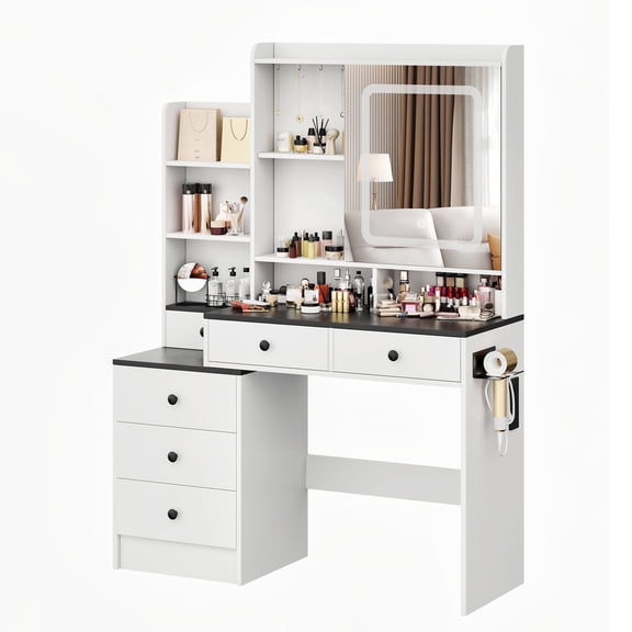 Mvvte Modern Women Vanity Desk with Flip-Up Mirror and Lights, Rustic Big Makeup Table with Charging Station, Drawers, Cabinets, and Adjustable Shelves for Bedroom (White & Black)