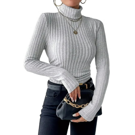 Women'S Mock Turtle-Neck Long Sleeve Shirts Fall Ribbed Fleece Layering Soft Thermal Undershirts Tee Gray XL