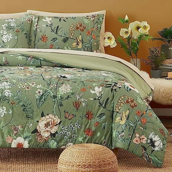 Twin Comforter Set - 5 Pieces Green Floral Bedding Sets, Twin Bed in a Bag with Botanical Butterfly Comforter, Sheets, Pillowcases & Shams for All Seasons