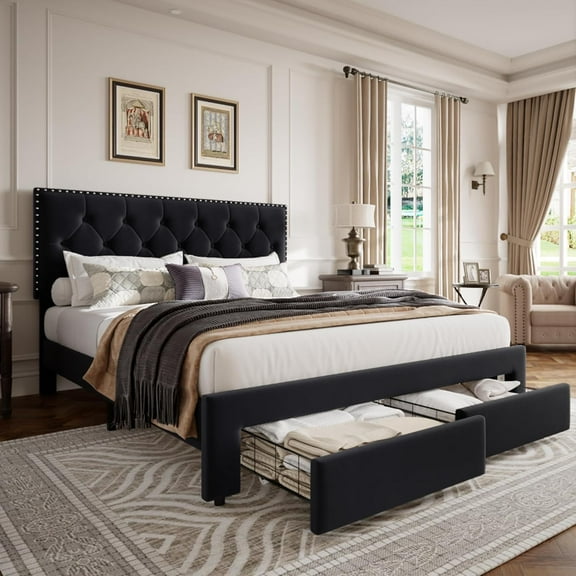 Full Size Bed Frame with 2 Storage Drawers, Vintage Velvet Headboard Bedframe with upholstered Platform, Wooden Slat Support, Noise Free, No Box Spring Needed, Black