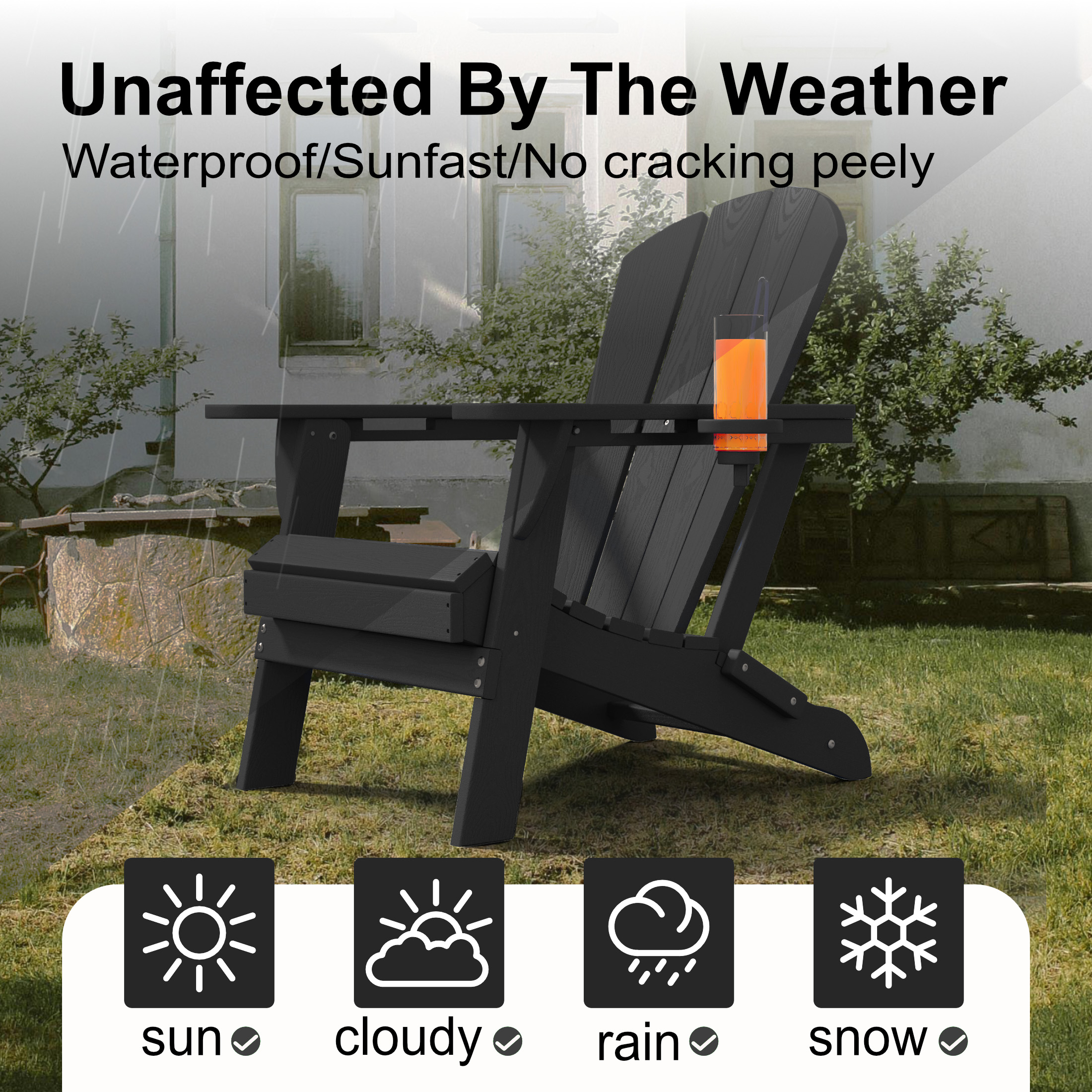 AreShark Adirondack Chair,HDPE All-Weather Patio Chairs Outdoor with Cup Holder, Lawn Chair with Weather Resistant for Outside Deck Lawn Garden, Weight Capacity Up to 380 Lbs –Black