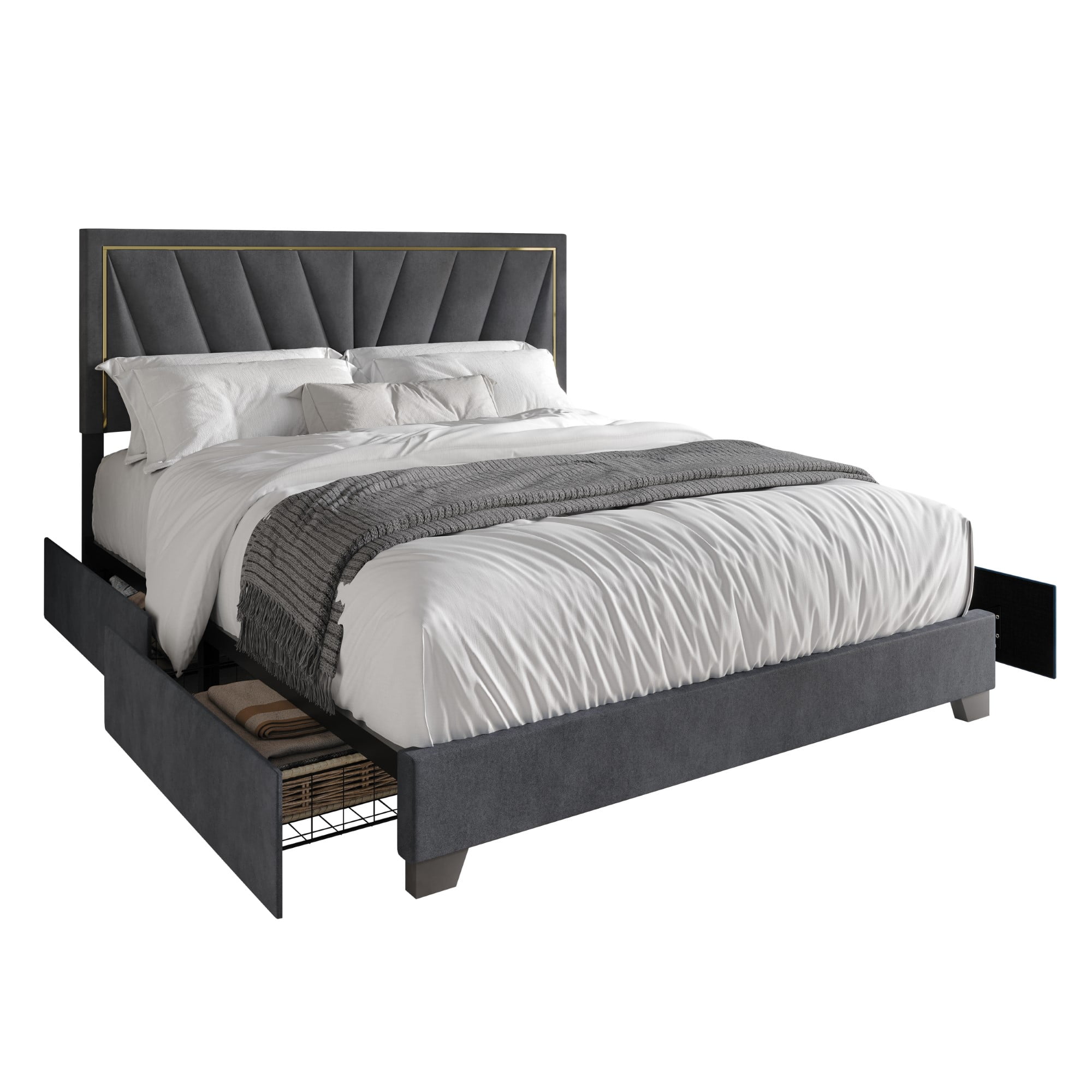 Home Design Valdez Full Upholstered Storage Platform Bed Frame with Gold Aluminum Trim and Four Under-Drawers, Dark Gray, Easy Assembly
