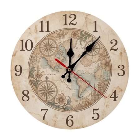 Vintage World Map & Compass Farmhouse Style Round Wood Wall Clock, Noiseless Design for Cafe & Classroom Decor