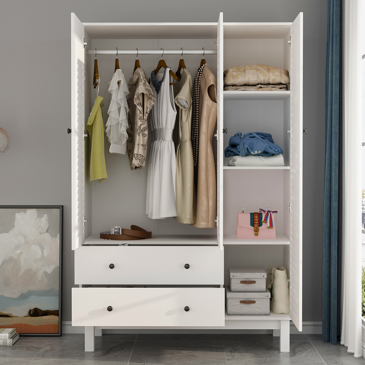 DiDuGo 3-Door Wardrobe Armoire with 2 Drawers and Hanging Rod, Closet ...