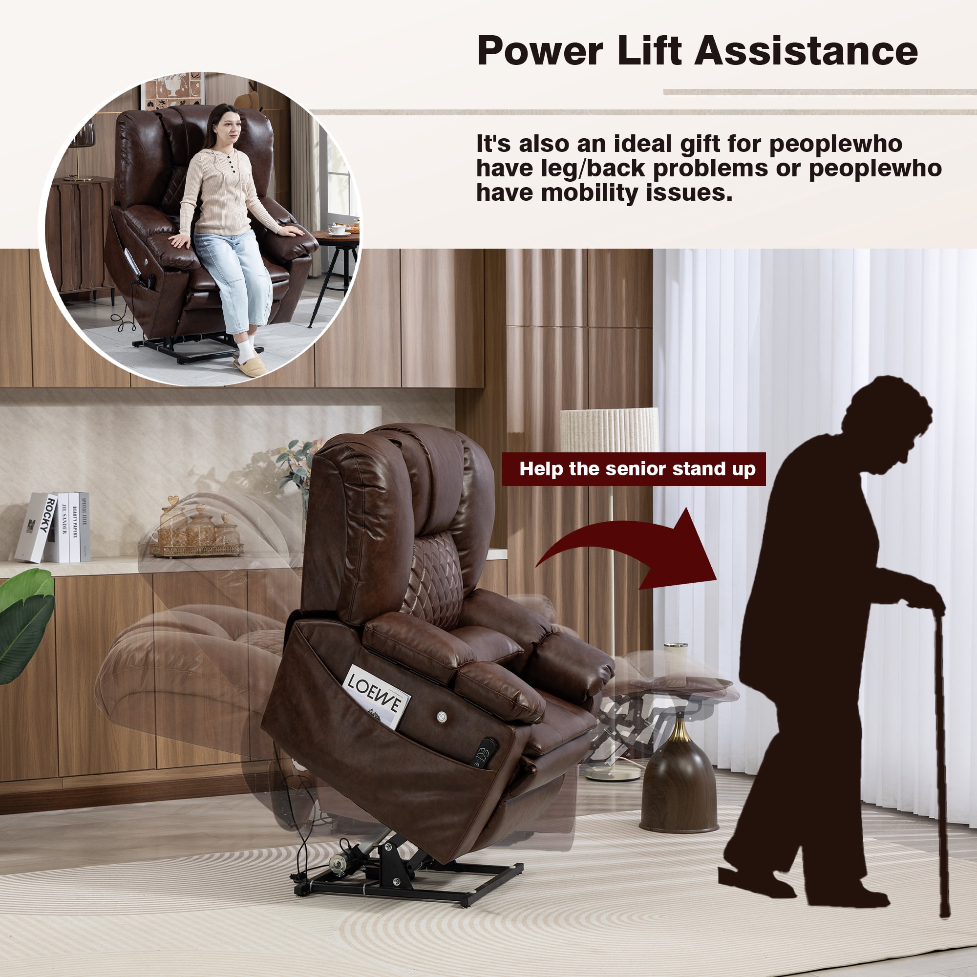 LITVZ Air Compression Waist Massage Recliner for Elderly, Big Man Recliner 400 lbs Heavy Duty, Oversized Power Lift Recliner Chair with Airbag Massage & Heating, Lay Flat 180° for Family