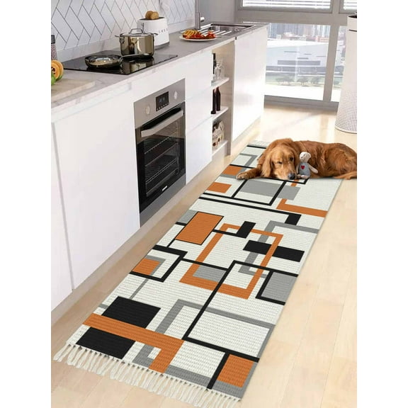 Orange Geometry,Entryway Runner Rug 2x4ft,Retro Modern Abstract Middle Century Washable Woven Living Room Hallway Bedroom Kitchen Carpet with Tassels,Indoor Outdoor Throw Door Mat for Entryway
