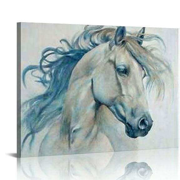 COMIO  Minimalist Watercolor Horse Portrait Blue Beige Canvas Third Wall Art