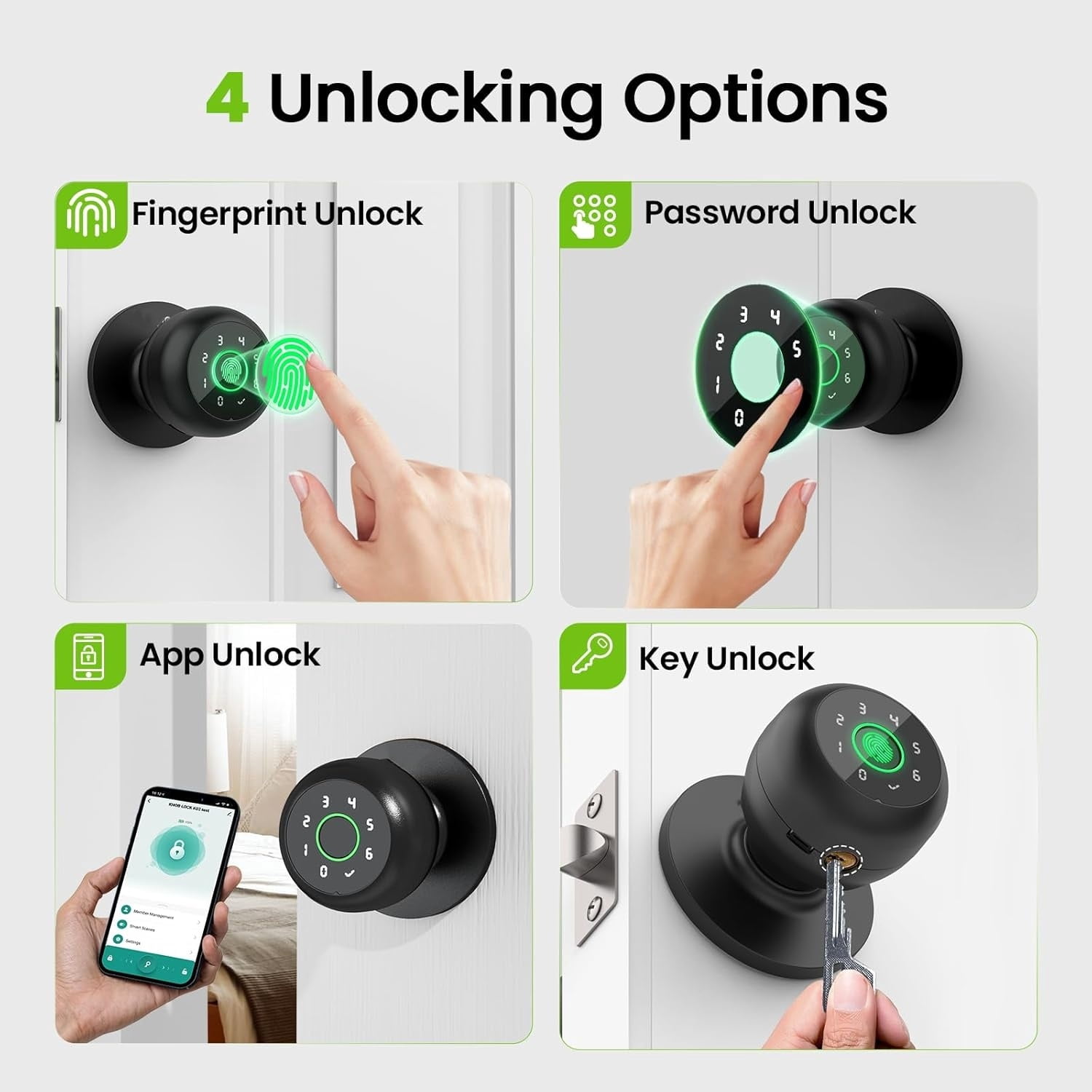 Smart Fingerprint Door Lock, 4 in 1 Smart Fingerprint Door Knob with Keypad, App Control, Auto Lock, Biometric Door Knob with Lock for Bedroom, Apartment, Garage, Home & Office