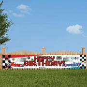 Large Race Car Happy Birthday Banner, Large Racing Car Checkered Flag Birthday Banner for Outside Yard, Race Car Theme Birthday Party Sign Party Supplies Decorations for Outdoor