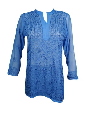 Mogul Womens Beautiful Blue Floral Hand Embroidered Tunic Blouse Long Sleeves Georgette Sheer Kurti Cover Up Top Dress S