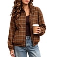 thumbnail image 2 of Xdegoge Bomber Jackets for Women Fall Plaid Stand Collar Long Sleeve Zip Up Outerwear Fall Winter Lightweight Casual Vintage Streetwear Coats Brown M, 2 of 8
