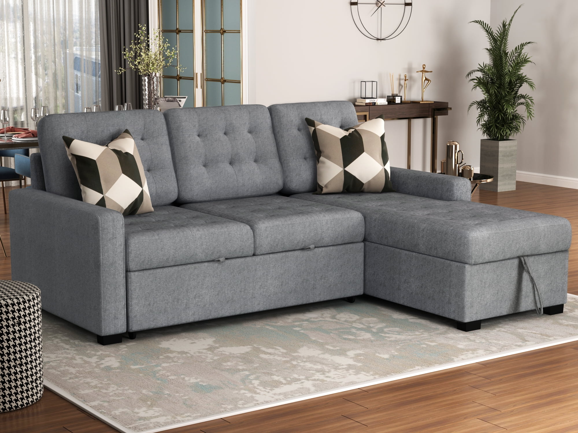 Tufted Couch, Grey Soft Microfiber Sofa Sets with 1 Sectional and Solid Frame, SEGMART 96