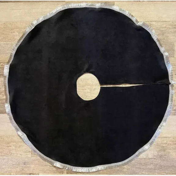 New Era Creation Dark Black with Silver lace velvet tree skirt, Monochrome tree skirt, velvet tree skirt Christmas Event Tree Skirt Holiday Party House Gifts