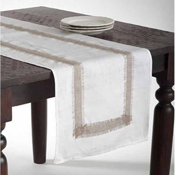White Crisp Natural Banded Rectangular Table Runner, 100% Linen