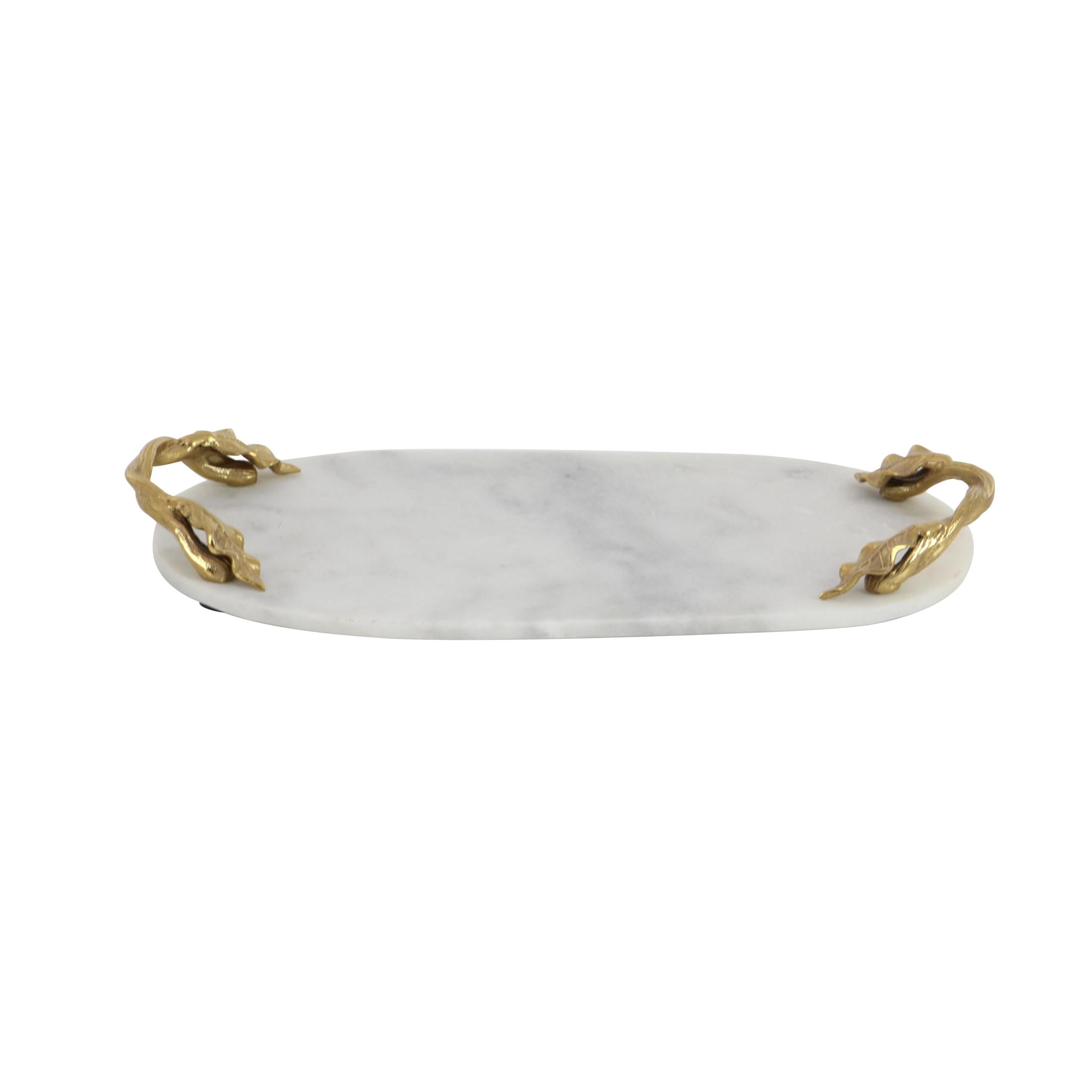 DecMode 20" x 10" White Marble Oval Leaf Tray with Gold Twisted Metal Handles, 1-Piece
