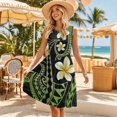 thumbnail image 3 of Garronmavis Matching Beach Outfits for Couples Polynesian Plumeria Polyester Vacation Short Sleeve Shirt for Men Size L and Women's Sleeveless Round Neck Patchwork Dress, 3 of 7