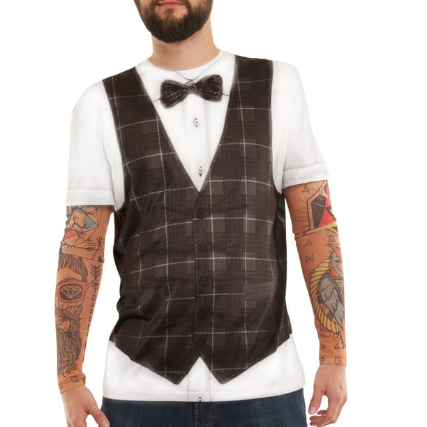 Faux Real Men's Hipster Vest Tattoo Tee Shirt with Tattoo Mesh Long