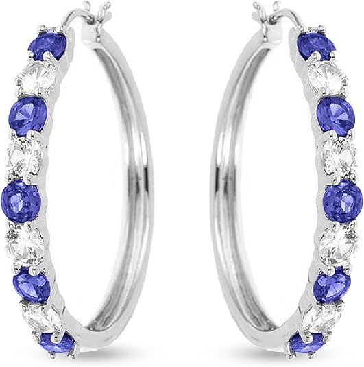 Beyond Brilliance Silver Finish Over Brass Round Cut Blue and White Sapphire Hoop Earrings for Women