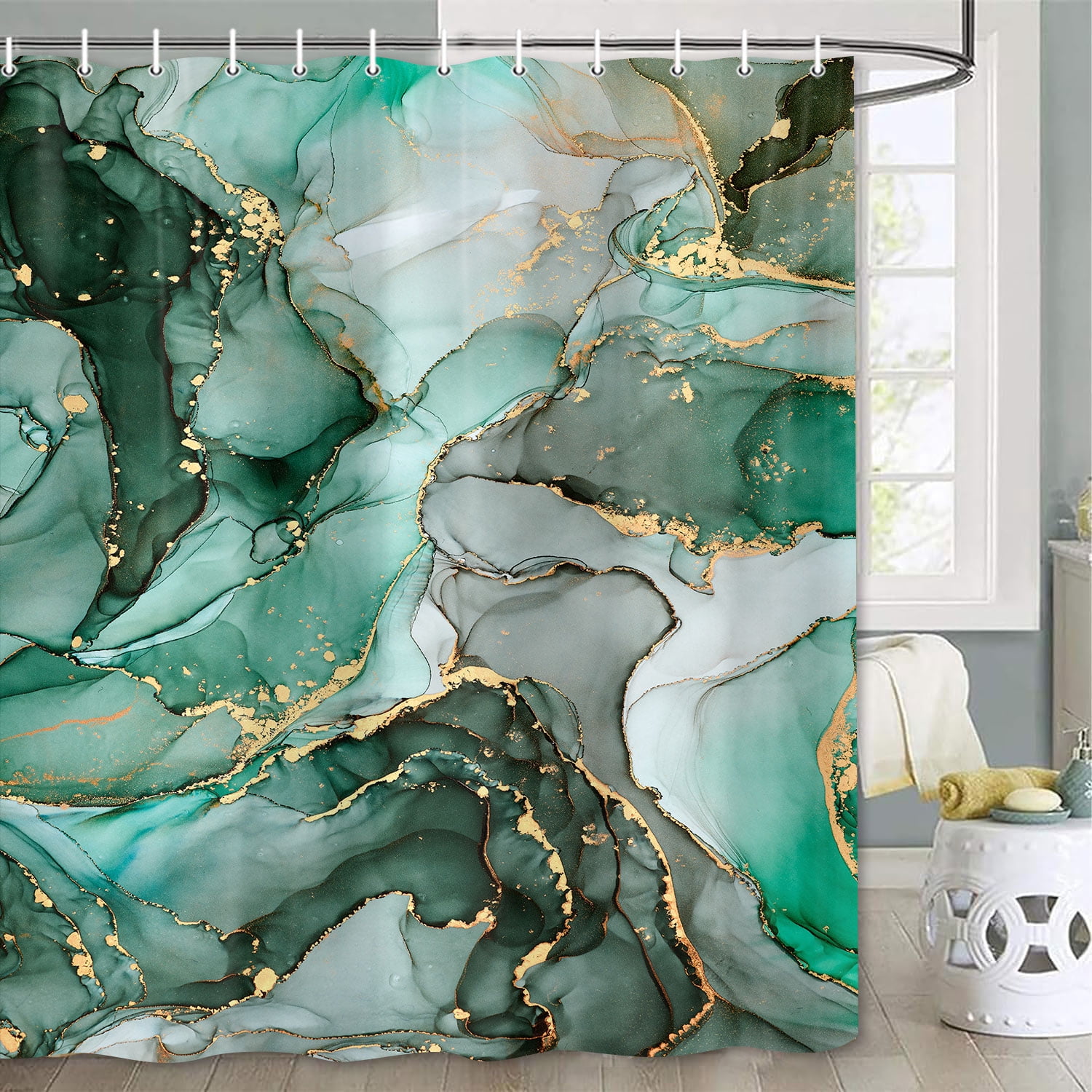 Colorful Shower Curtain,Green Gold Marble Texture Shower Curtain for Bathroom,Watercolor Abstract Bath Curtain,Modern Ink Art Decor Fabric Shower Curtain Set with Hooks 72X84in