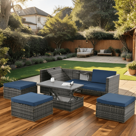 Highsound 5 Piece Patio Furniture Set, All- Weather Outdoor Conversation Set with Lift-top Coffee Table & Ottomans, Adustable Backrest Wicker Sectional Seating Group for Patio Deck Garden Pool, Blue