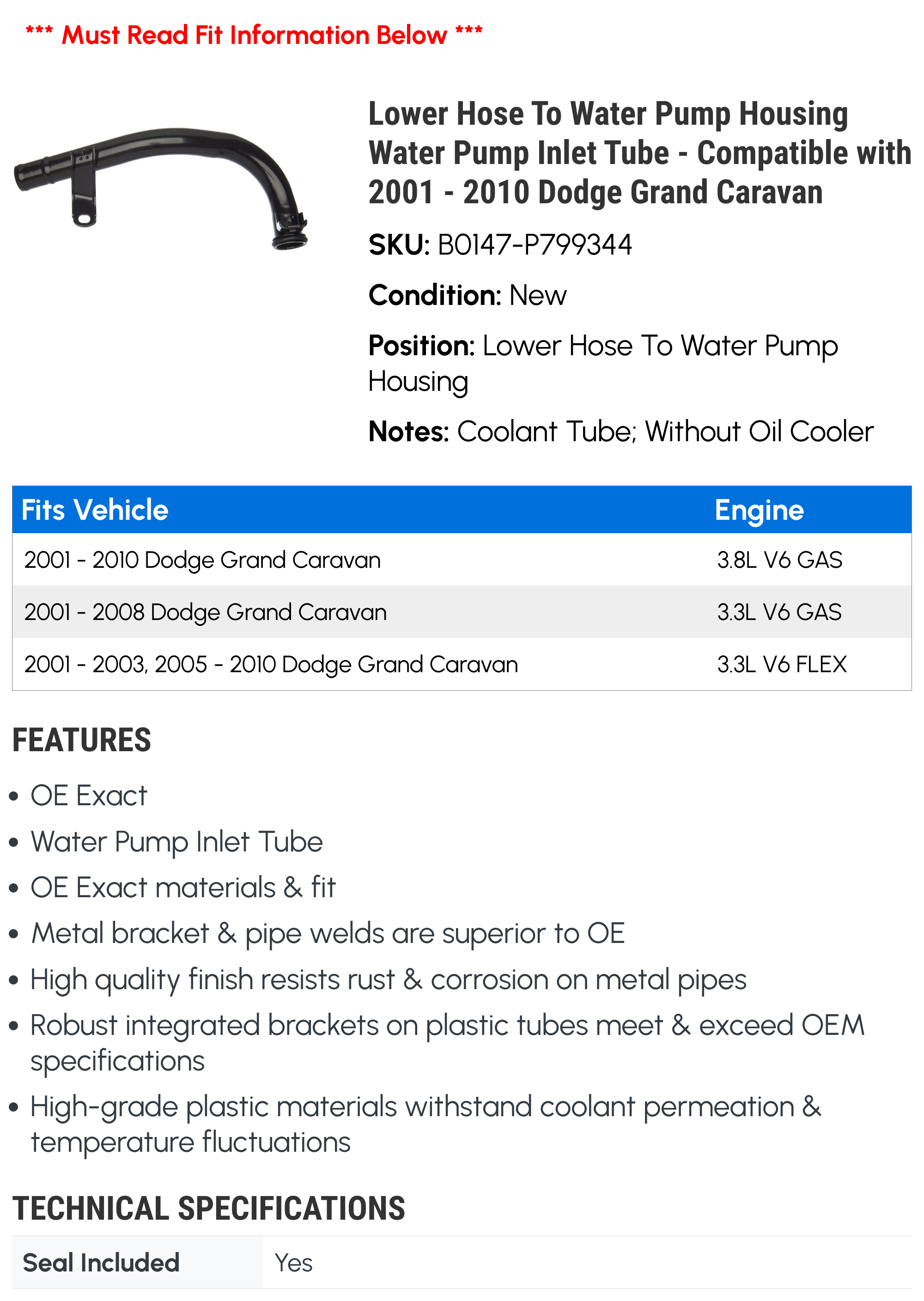 A-Premium Water Pump Inlet Tube With Seal For Chrysler/Dodge Minivans & VW Routan - Replaces 4781537AA