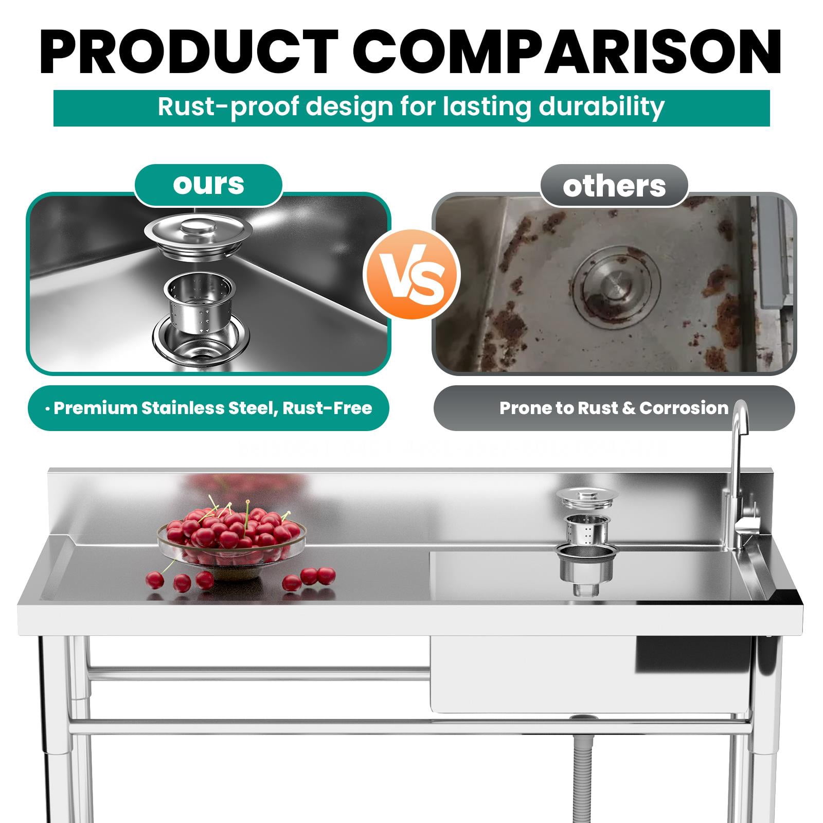 47.3 Inch Stainless Steel Utility Sink, Free Standing Single Bowl Kitchen Sink for Laundry Room, Farmhouse, Indoor & Outdoor Use