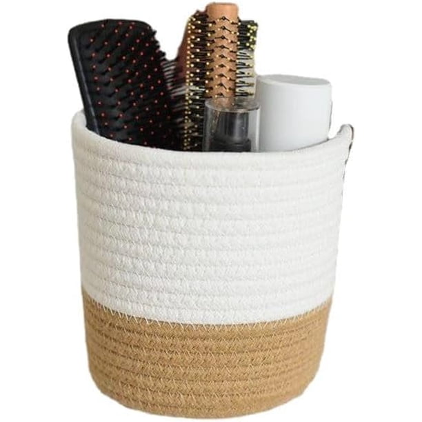 Cesta para colgar en la pared, cestas pequeñas de cuerda de algodón de 6,3 x 7 pulgadas con asa, organizador de cestas tejidas para plantas de flores, toallas y juguetes (blanco y marrón)