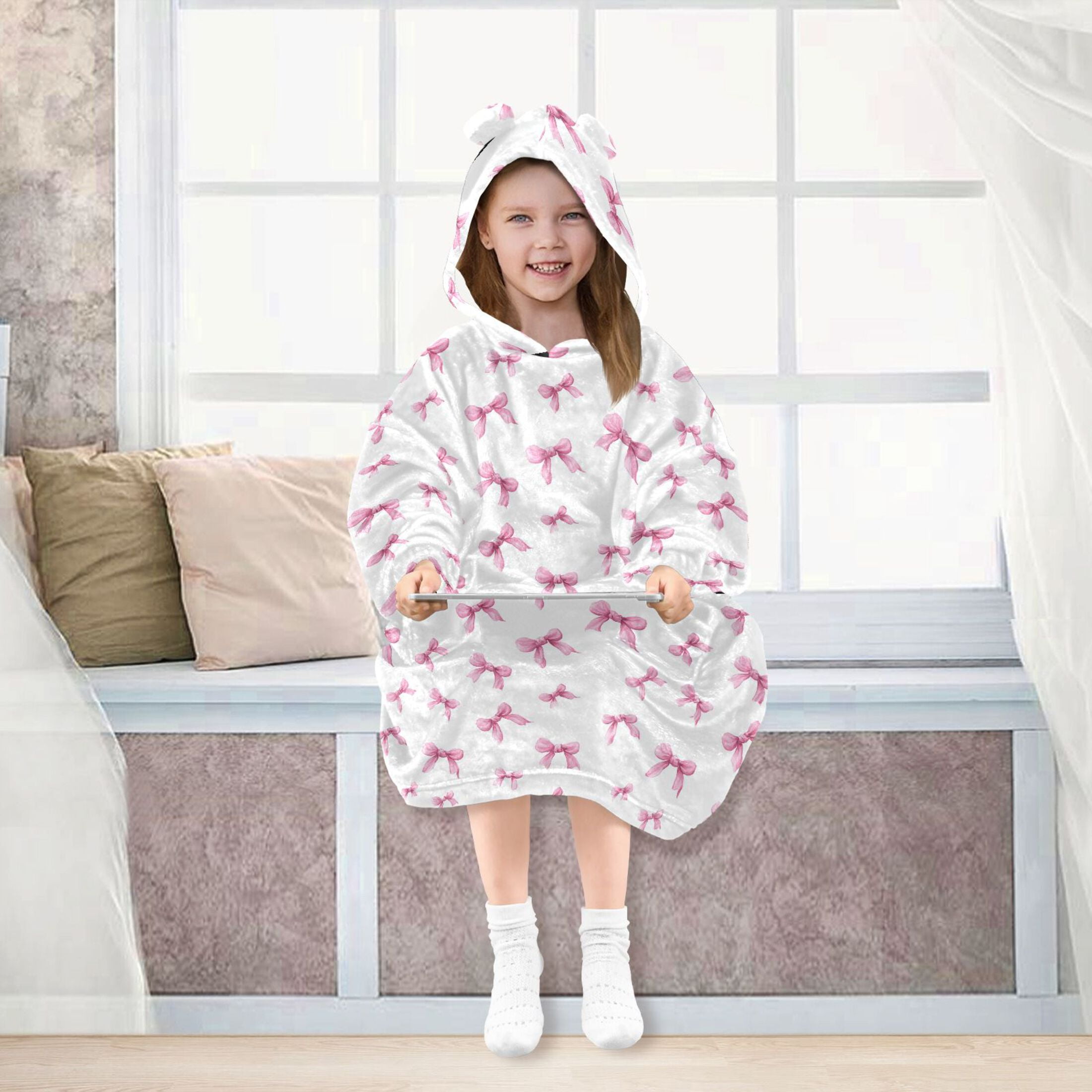 Wearable Blanket Hoodie for Kids Pink Bow Flannel Hooded Blanket with Pockets and Sleeves Suitable for Boys and Girls