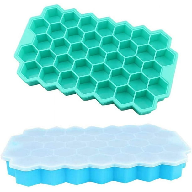 Bandeja de silicona para cubitos de hielo con tapa, molde hexagonal para cubitos de hielo, gelatina de caramelo, molde de chocolate, molde de cubitos de hielo de silicona, 37 celdas, 2 piezas